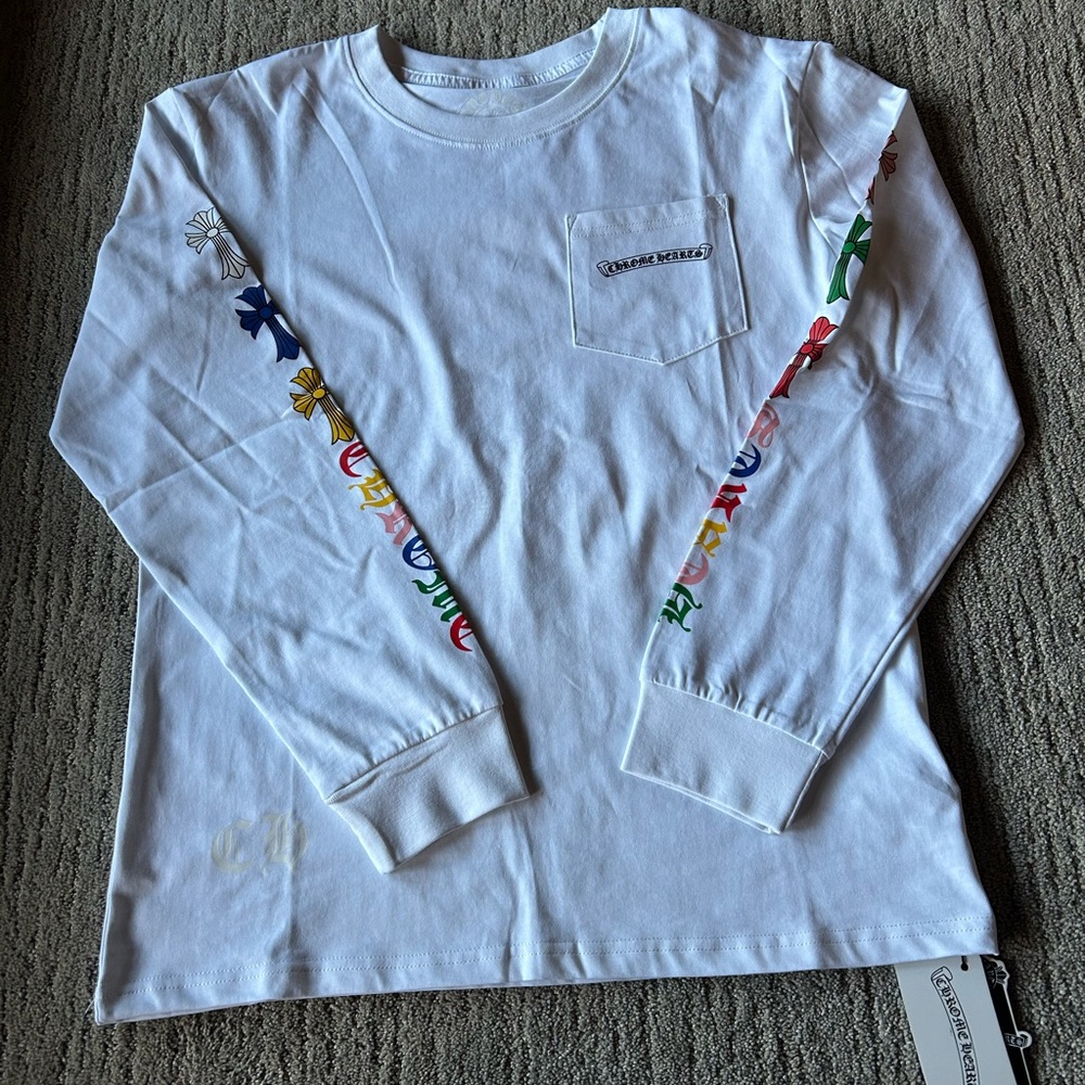Chrome Hearts White Tee with Multicolor Sleeve Accents